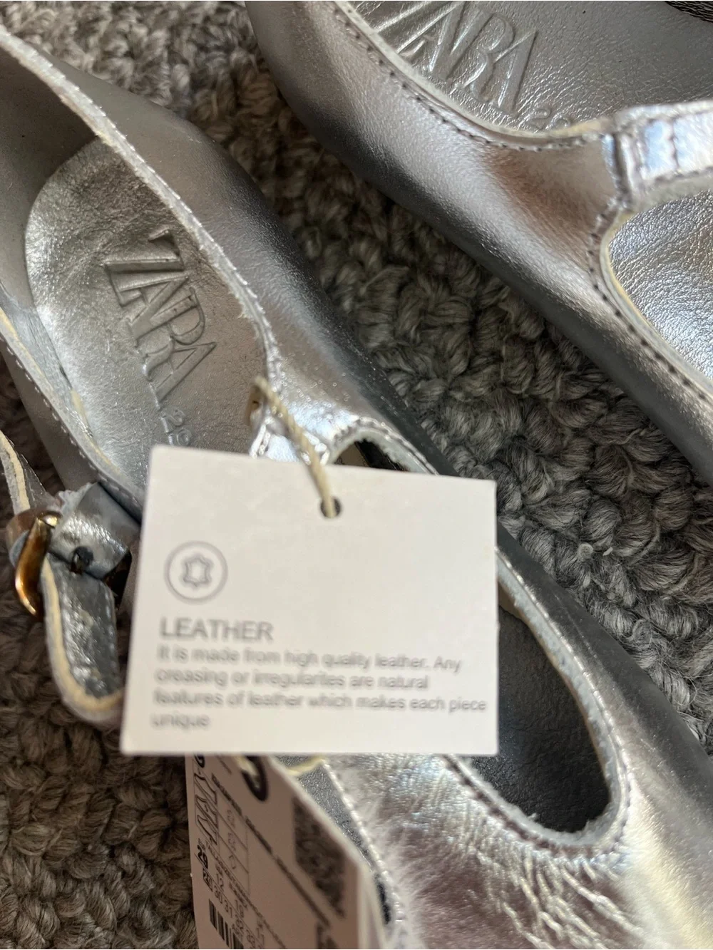 Zara Leather Silver Girls' T‑Bar Mary Jane Shoes NEW